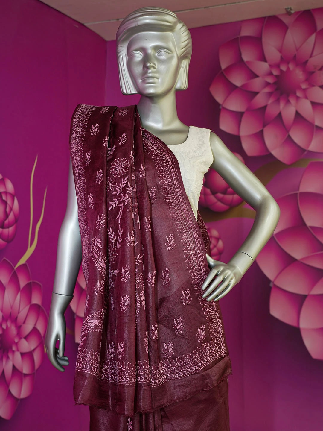 Ada Hand Embroidered Wine Silk Lucknowi Chikankari Saree With Blouse 01A591589