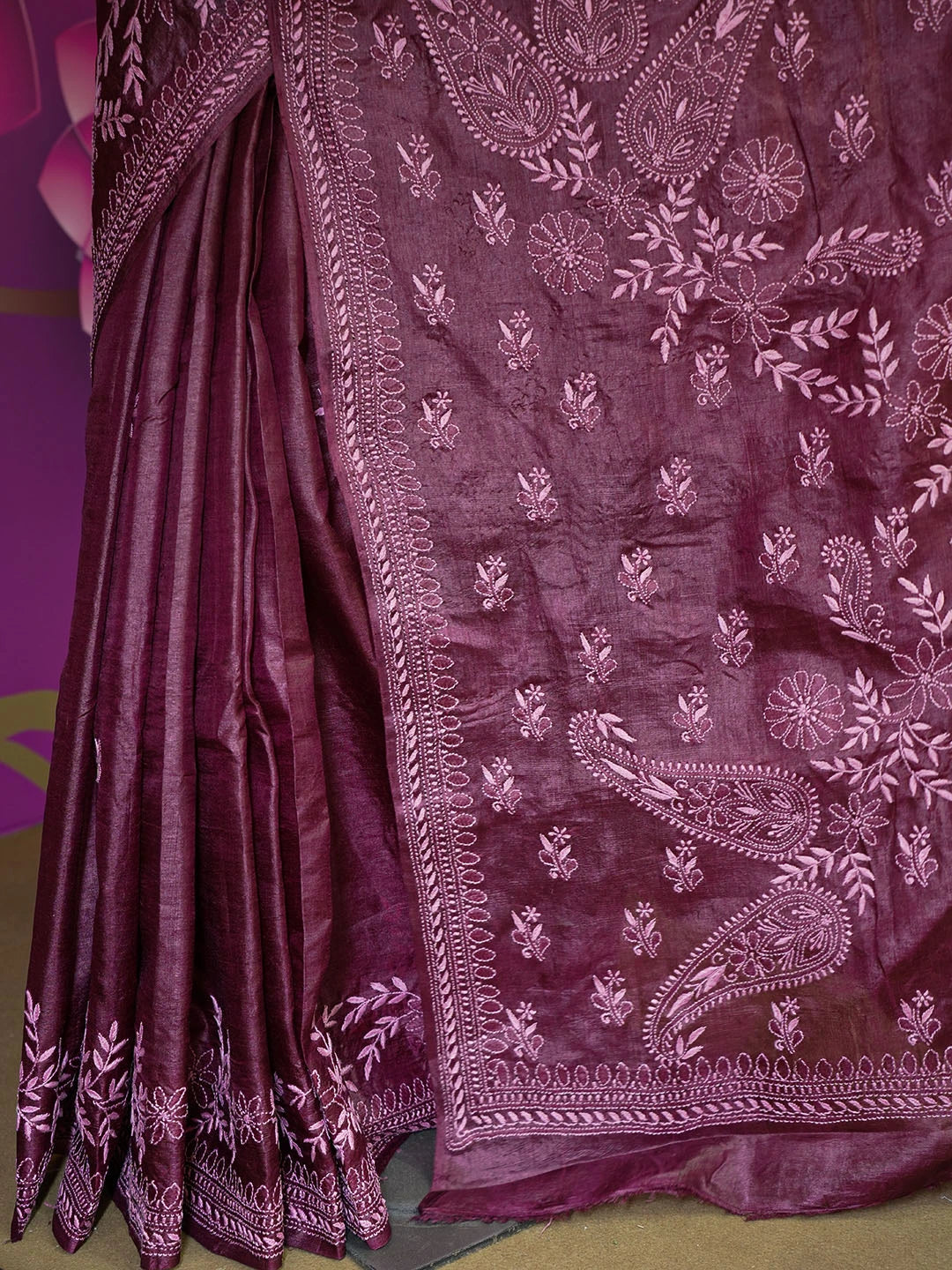 Ada Hand Embroidered Wine Silk Lucknowi Chikankari Saree With Blouse 01A591589