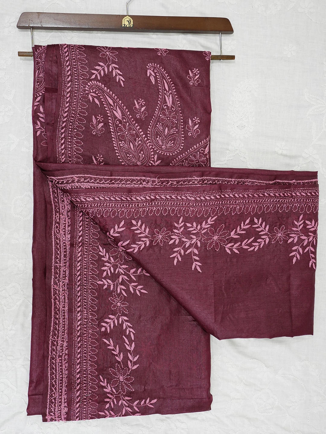 Ada Hand Embroidered Wine Silk Lucknowi Chikankari Saree With Blouse 01A591589