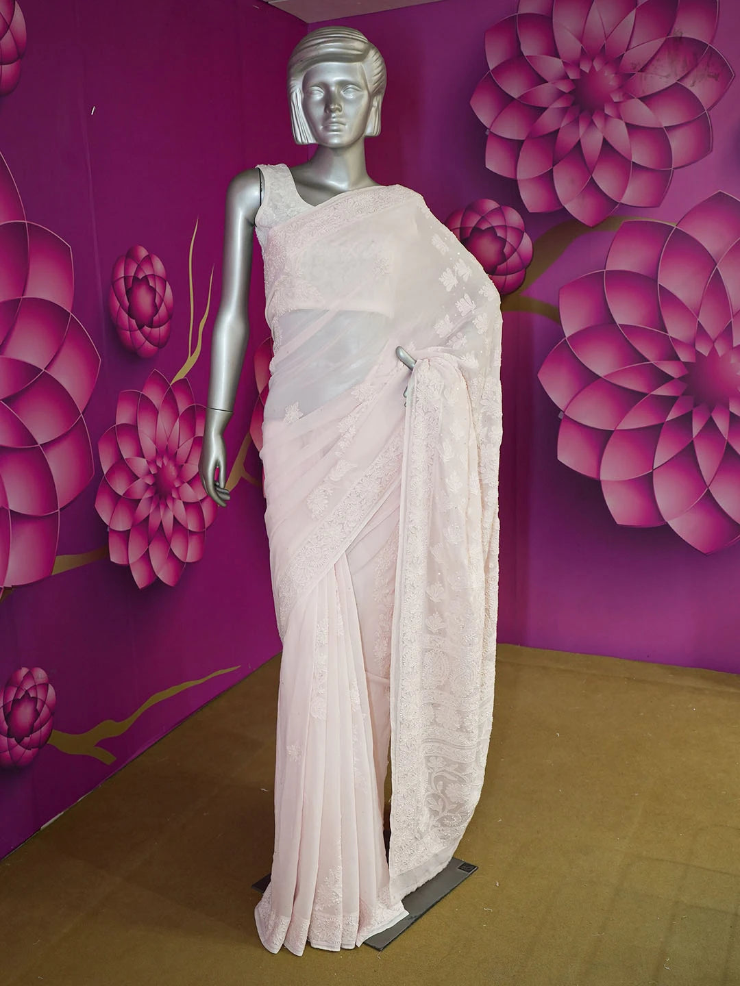Ada Hand Embroidered Fairy Tale Pink Viscose Georgette Lucknowi Chikankari Saree With Blouse And Cutdana Work 01A542075