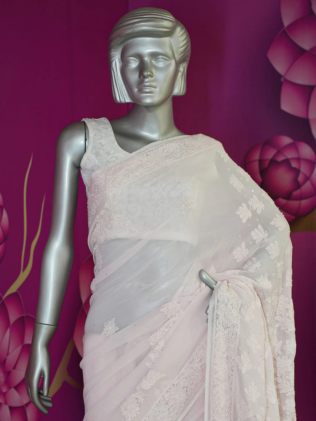 Ada Hand Embroidered Fairy Tale Pink Viscose Georgette Lucknowi Chikankari Saree With Blouse And Cutdana Work 01A542075