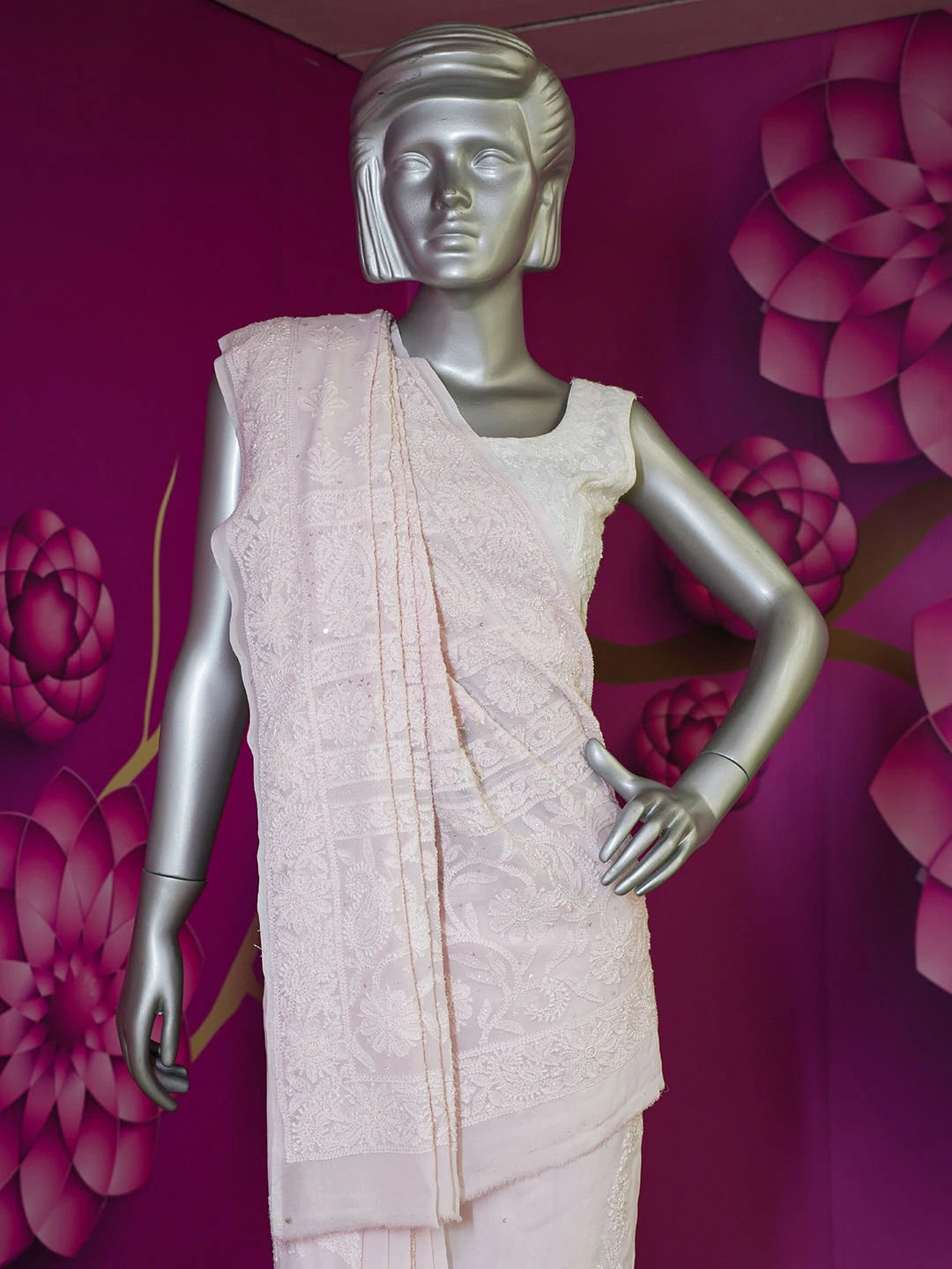 Ada Hand Embroidered Fairy Tale Pink Viscose Georgette Lucknowi Chikankari Saree With Blouse And Cutdana Work 01A542075