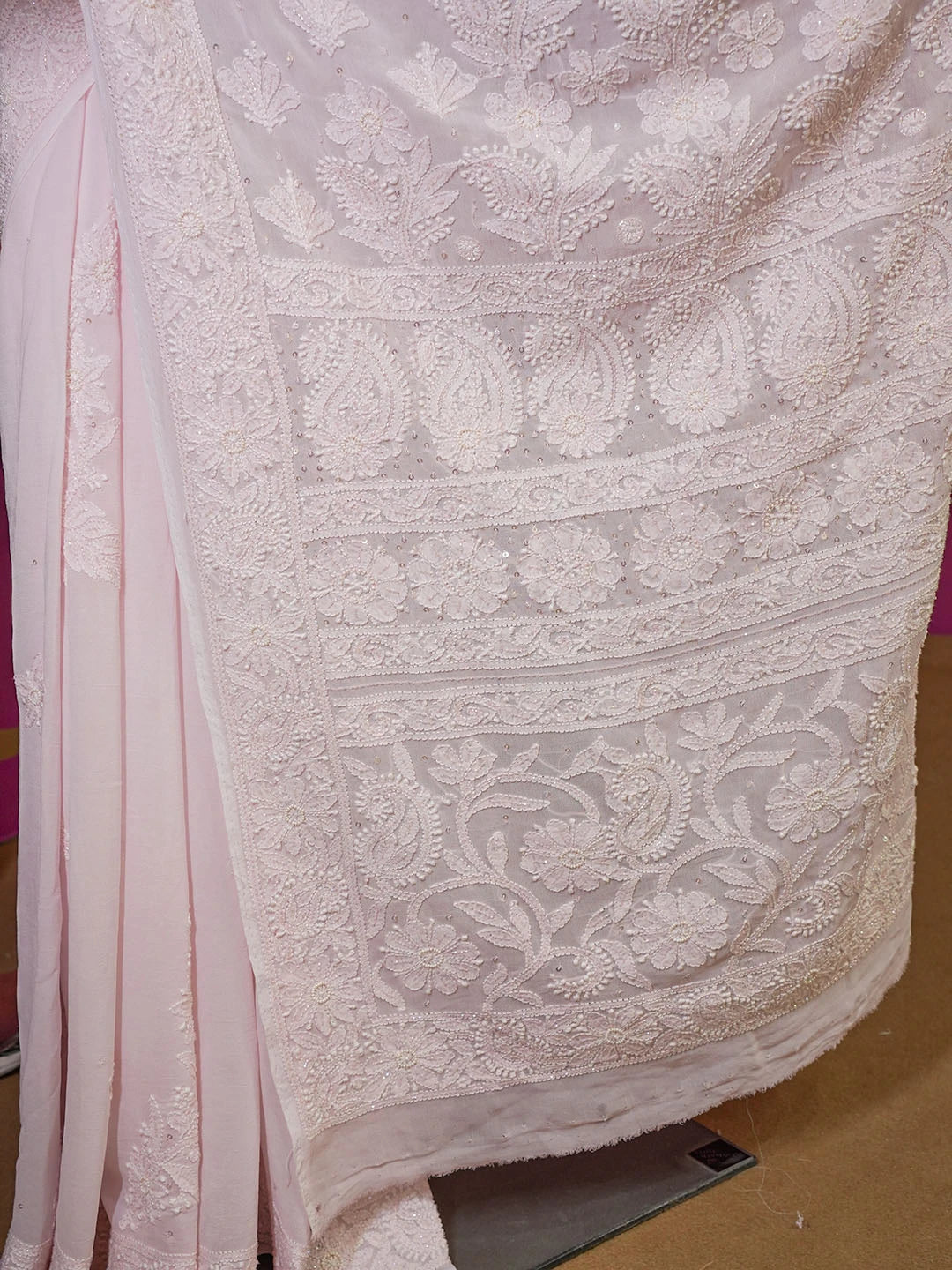 Ada Hand Embroidered Fairy Tale Pink Viscose Georgette Lucknowi Chikankari Saree With Blouse And Cutdana Work 01A542075