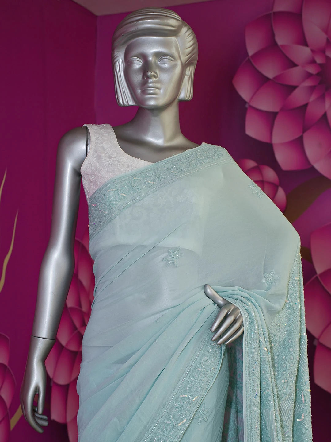 Ada Hand Embroidered Sea Green Viscose Georgette Lucknowi Chikankari Saree With Blouse 01A553871