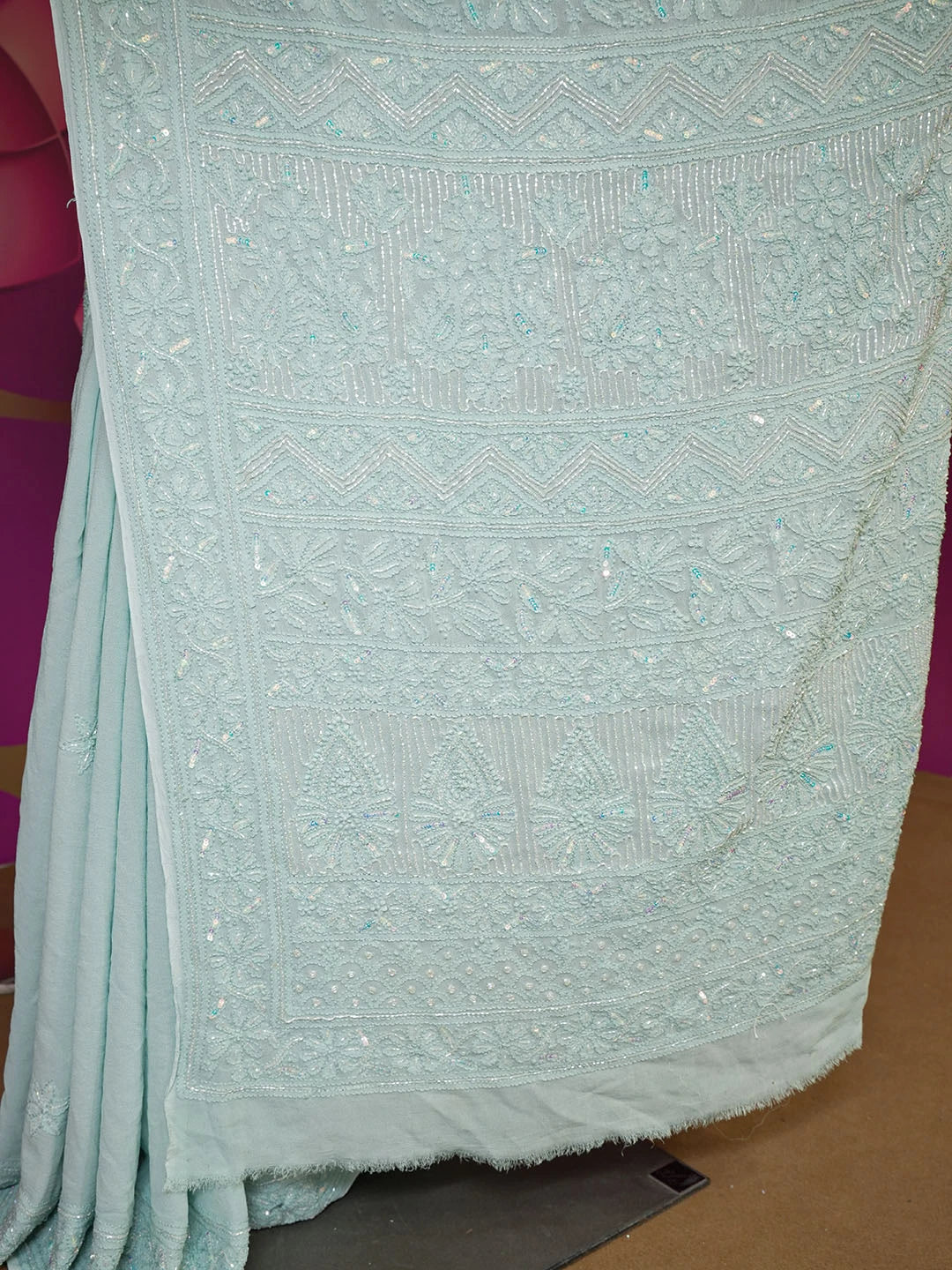 Ada Hand Embroidered Sea Green Viscose Georgette Lucknowi Chikankari Saree With Blouse 01A553871
