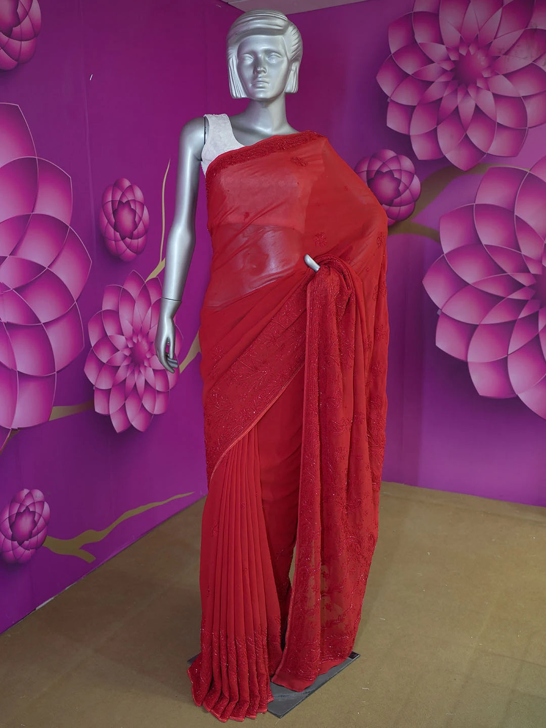 Ada Hand Embroidered Red Viscose Georgette Lucknowi Chikankari Saree With Blouse 01A467109
