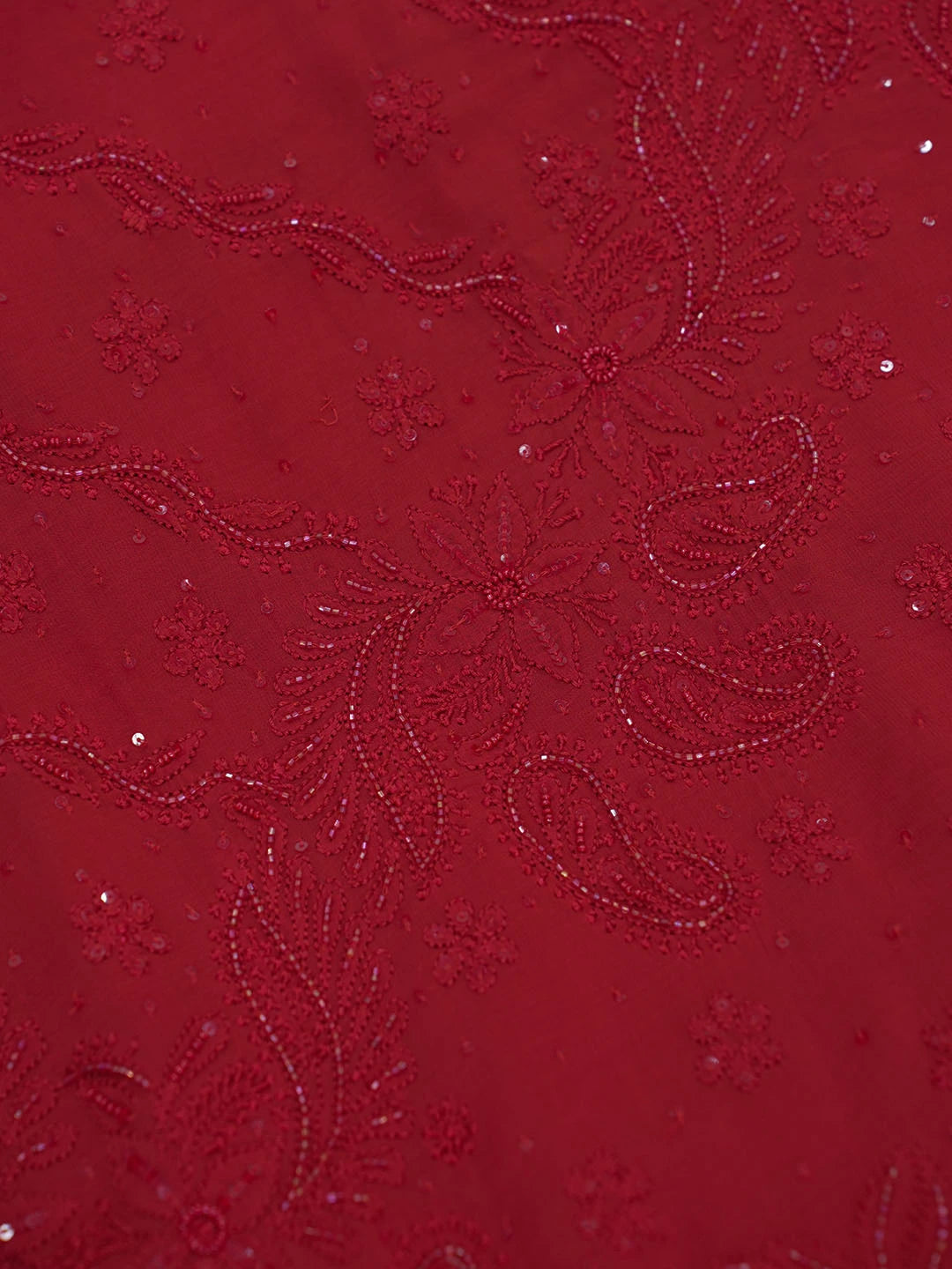 Ada Hand Embroidered Red Viscose Georgette Lucknowi Chikankari Saree With Blouse 01A467109