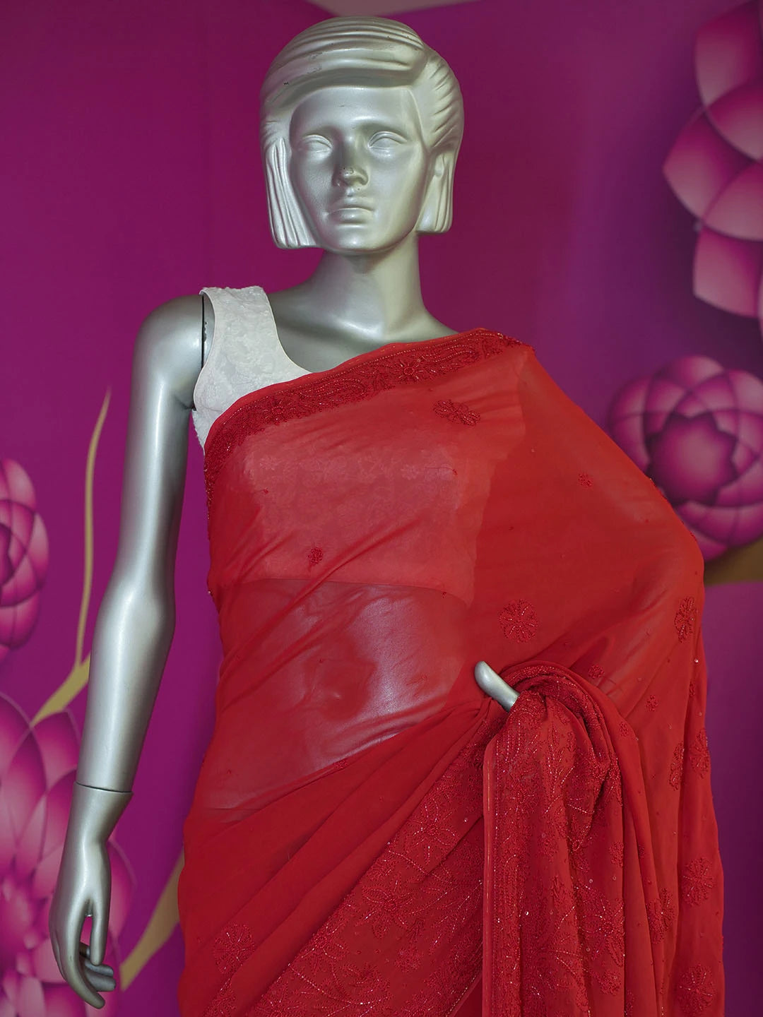 Ada Hand Embroidered Red Viscose Georgette Lucknowi Chikankari Saree With Blouse 01A467109