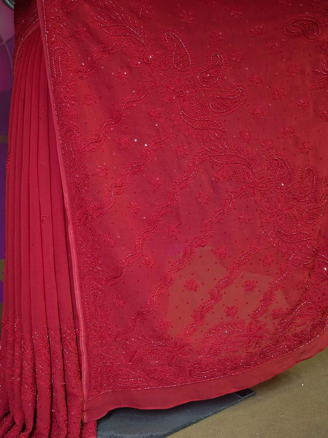 Ada Hand Embroidered Red Viscose Georgette Lucknowi Chikankari Saree With Blouse 01A467109