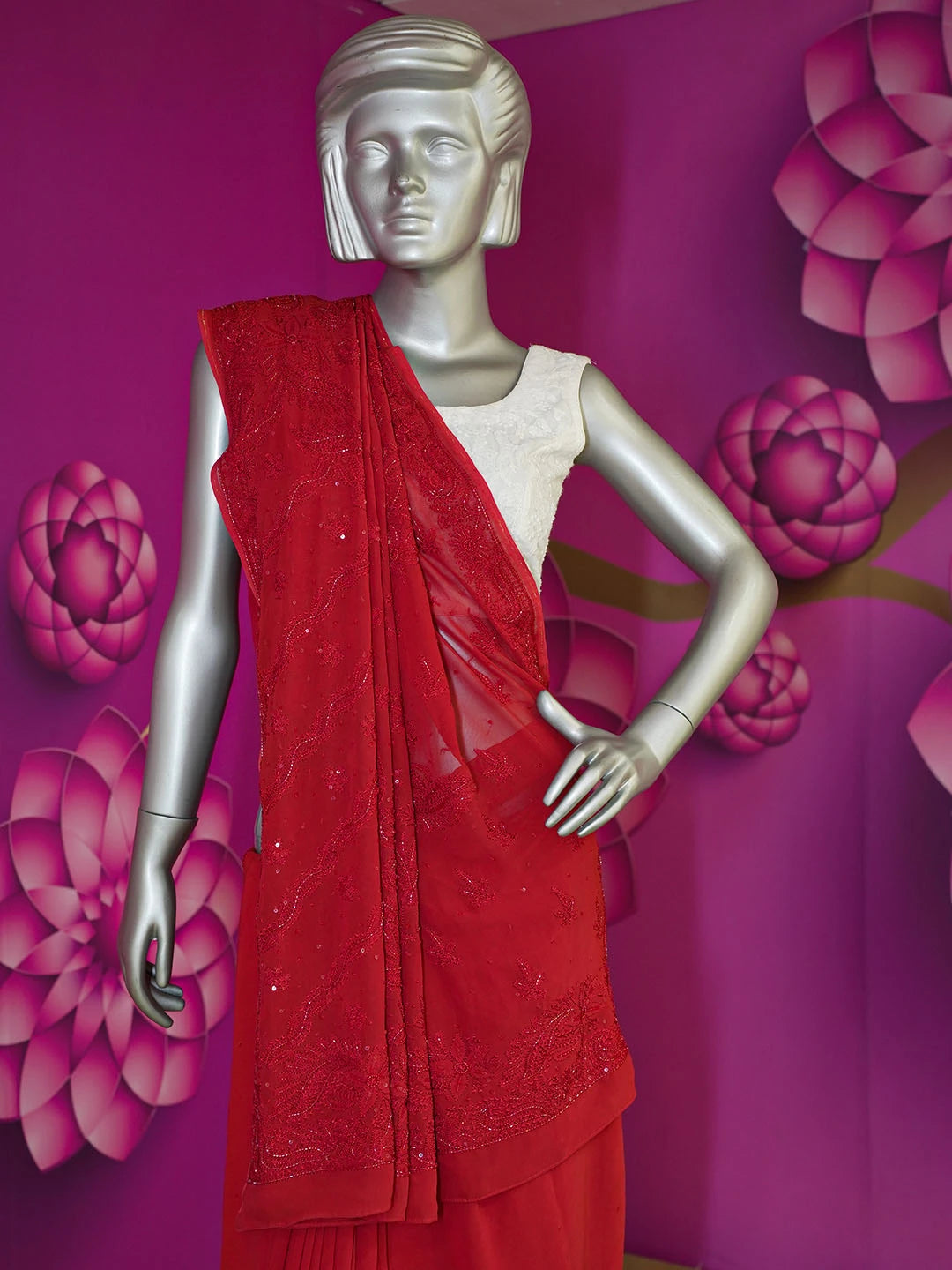 Ada Hand Embroidered Red Viscose Georgette Lucknowi Chikankari Saree With Blouse 01A467109