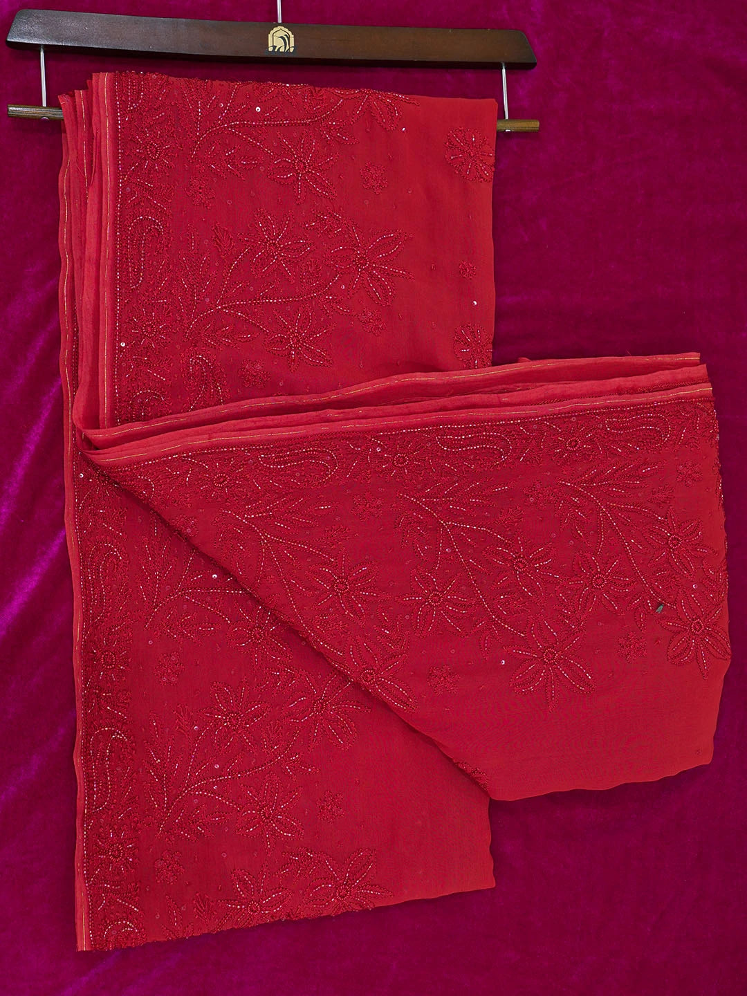 Ada Hand Embroidered Red Viscose Georgette Lucknowi Chikankari Saree With Blouse 01A467109
