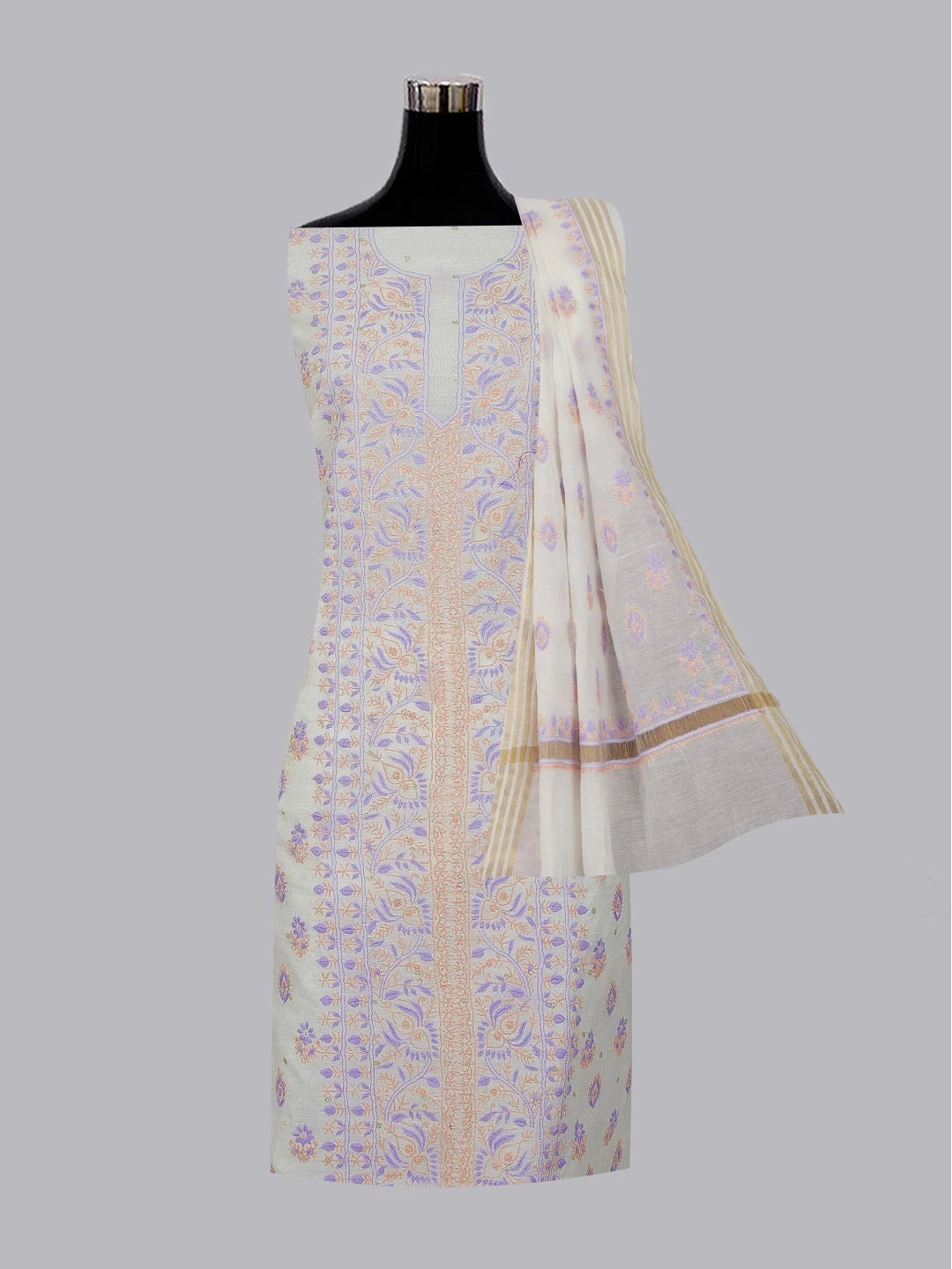 Ada Hand Embroidered Alabaster White Chanderi Lucknowi Chikankari Unstitched Kurta Dupatta Set 01A596093