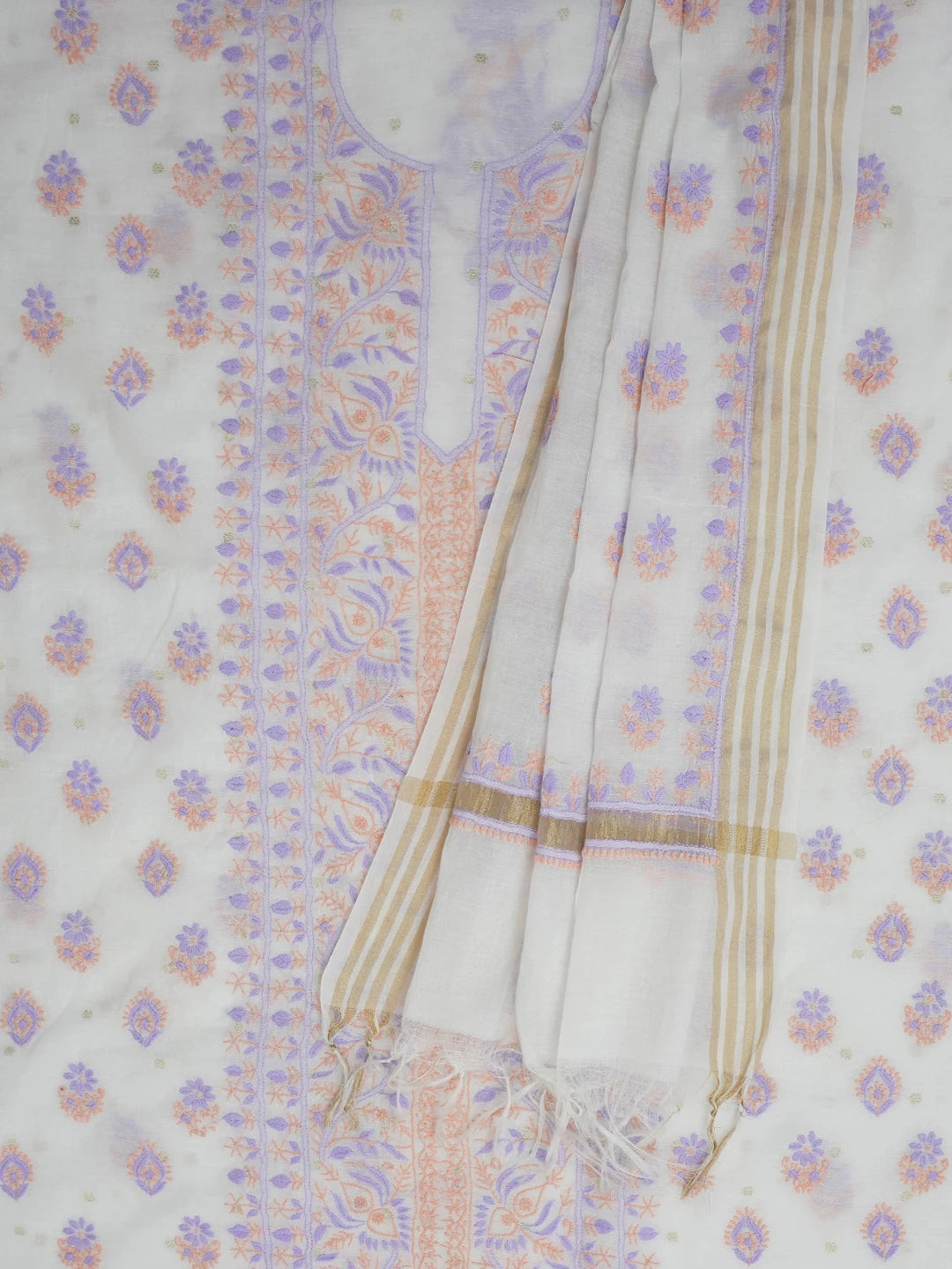 Ada Hand Embroidered Alabaster White Chanderi Lucknowi Chikankari Unstitched Kurta Dupatta Set 01A596093