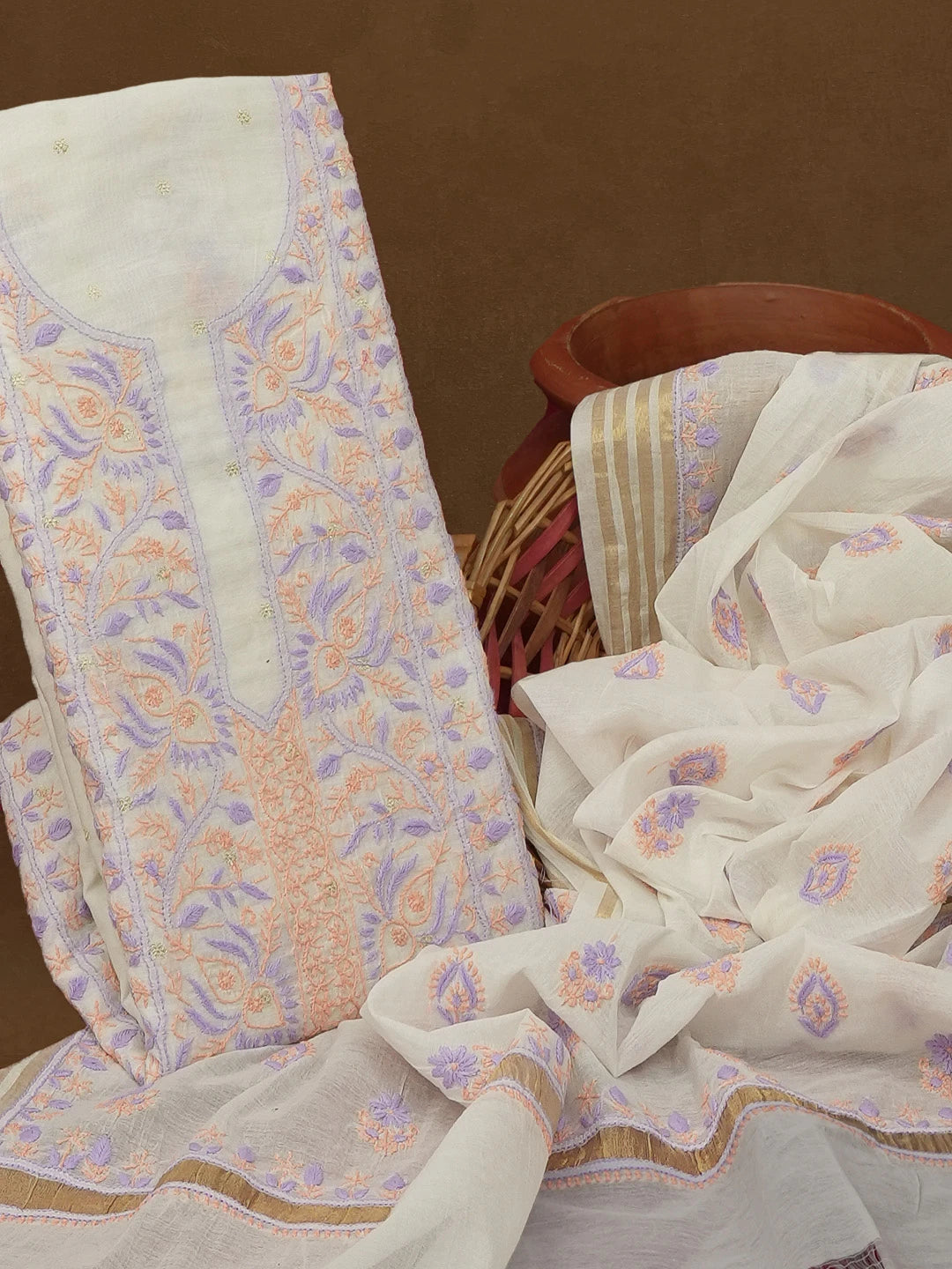 Ada Hand Embroidered Alabaster White Chanderi Lucknowi Chikankari Unstitched Kurta Dupatta Set 01A596093