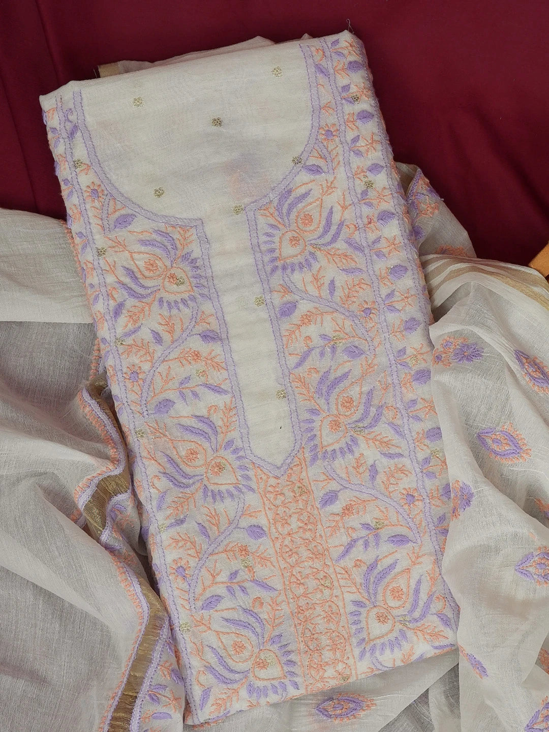 Ada Hand Embroidered Alabaster White Chanderi Lucknowi Chikankari Unstitched Kurta Dupatta Set 01A596093