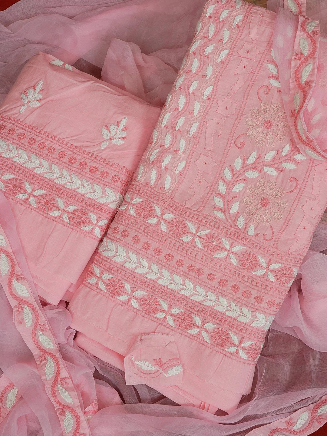 Ada Hand Embroidered Pink Cotton Lucknowi Chikankari Unstitched Suit Piece 01A596081