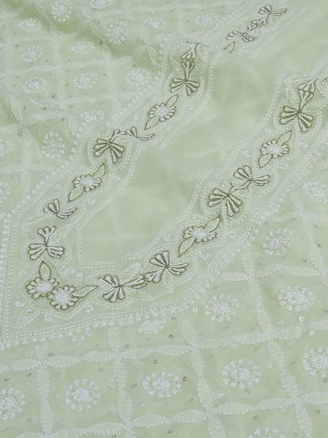 Ada Hand Embroidered Pista Green Pure Georgette Lucknowi Chikankari Unstitched Men's Kurta Piece With Sequinned Work 01A405607