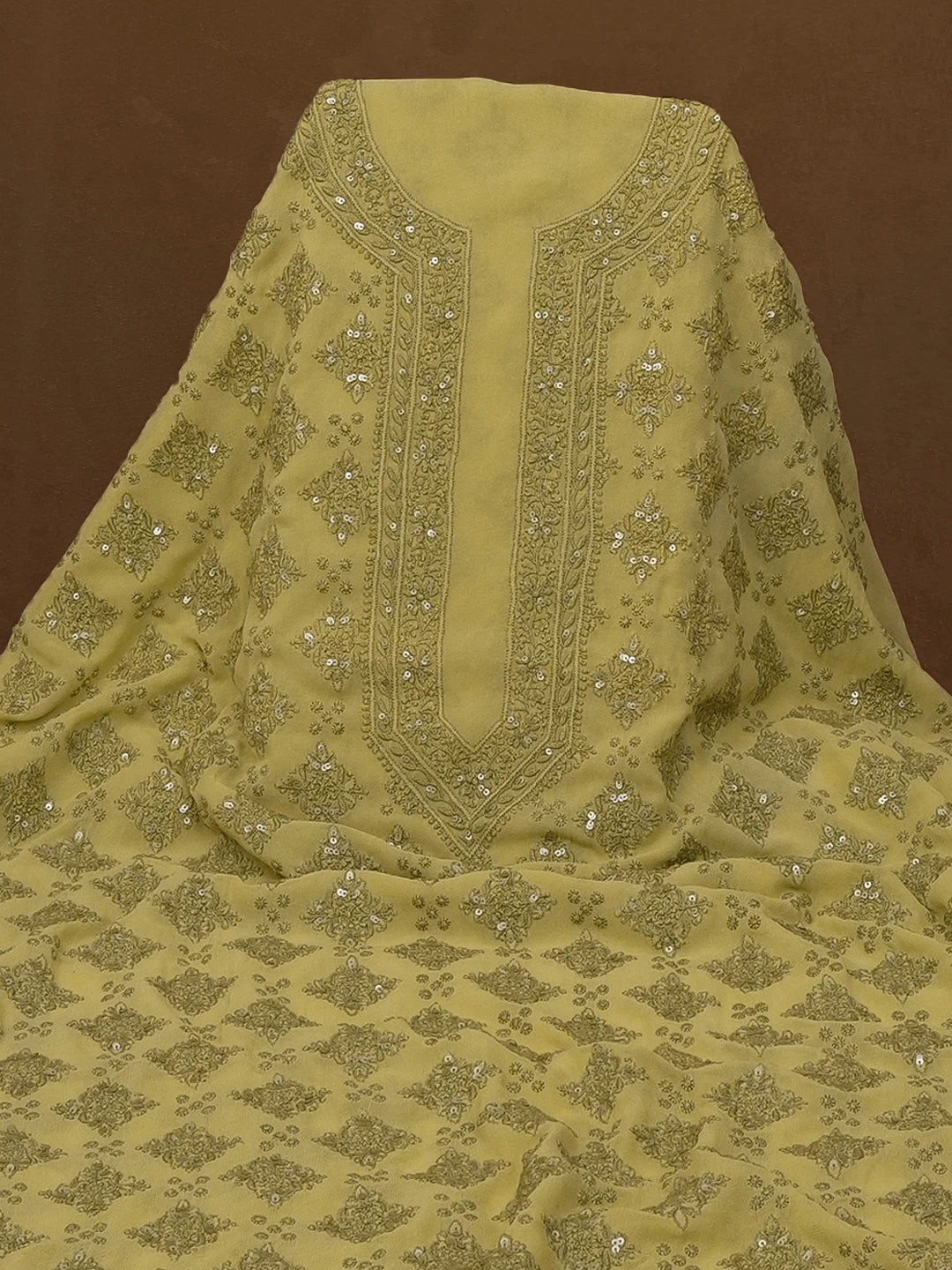Ada Hand Embroidered Citron Yellow Pure Georgette Lucknowi Chikankari Unstitched Men's Kurta Piece With Sequinned Work 01A398197