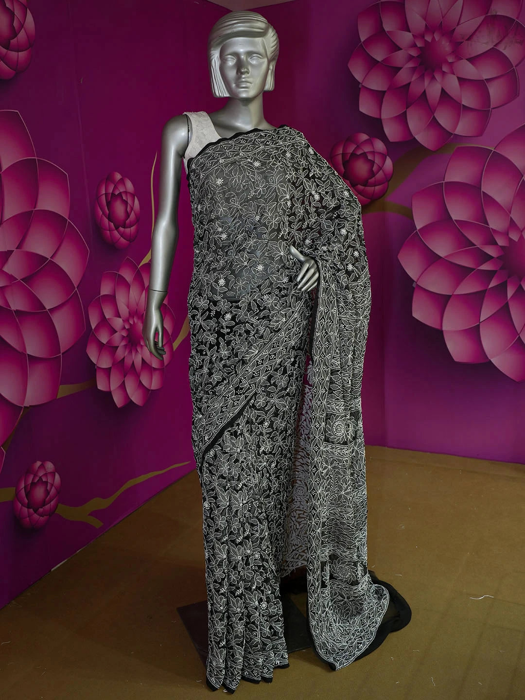 Ada Hand Embroidered Black Georgette Lucknowi Chikankari Saree With Blouse 01A569934
