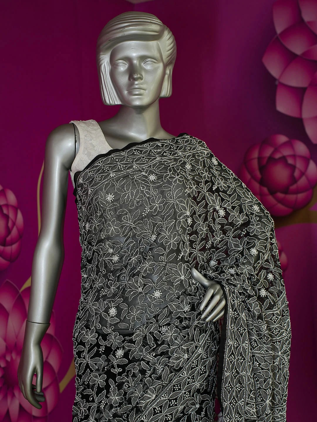 Ada Hand Embroidered Black Georgette Lucknowi Chikankari Saree With Blouse 01A569934