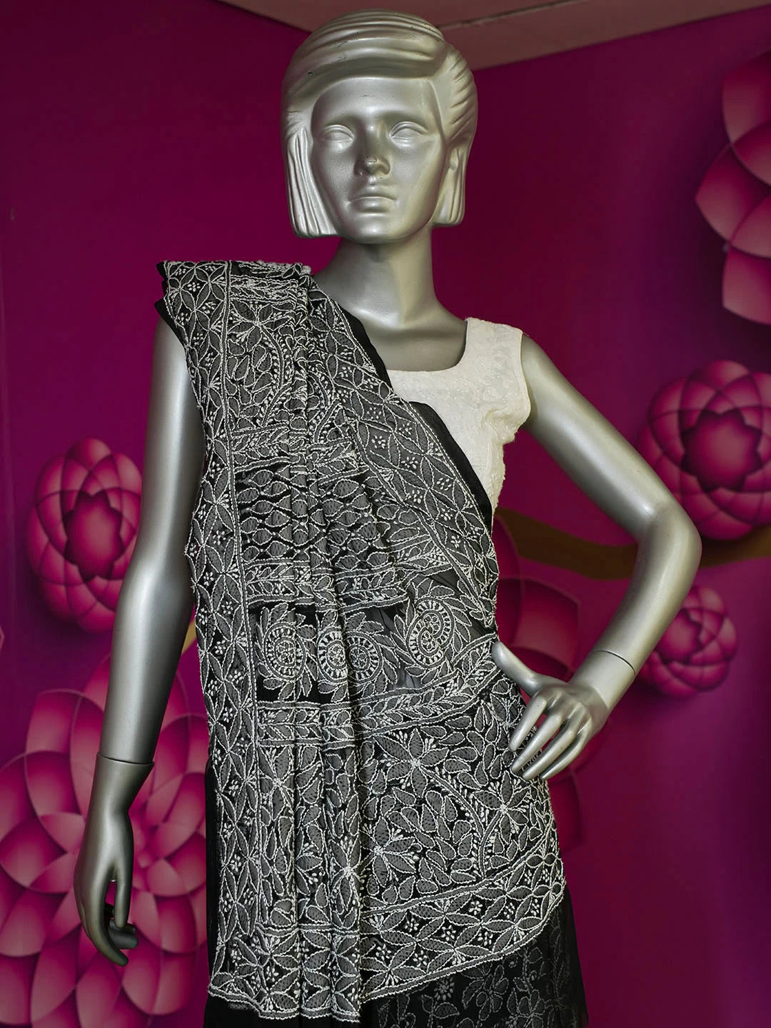 Ada Hand Embroidered Black Georgette Lucknowi Chikankari Saree With Blouse 01A569934