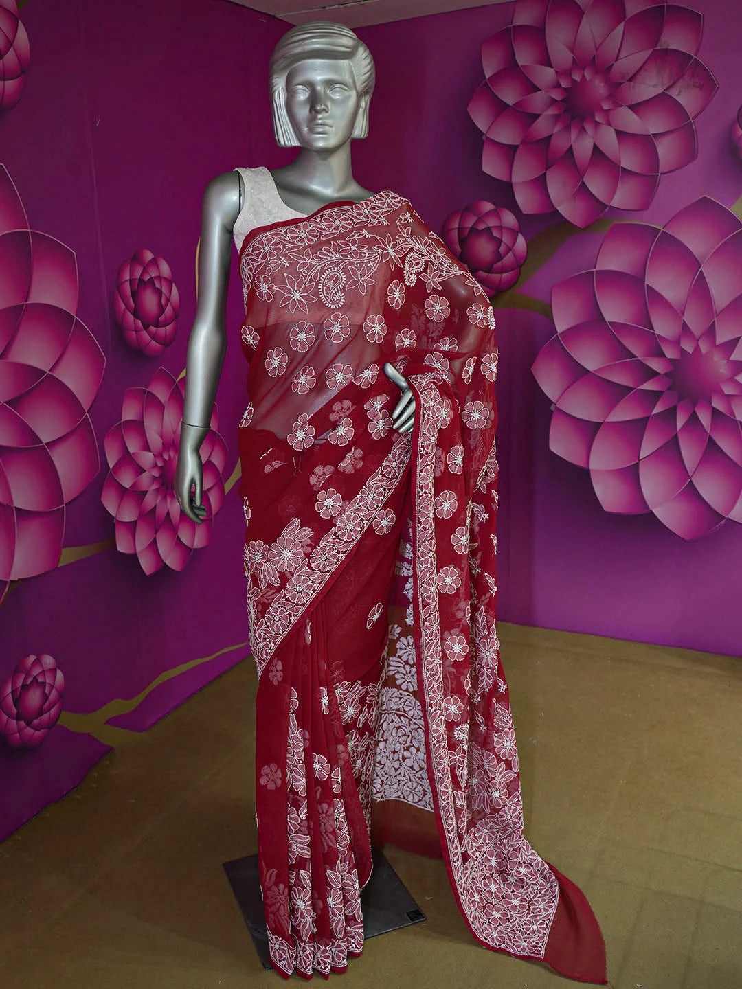 Ada Hand Embroidered Maroon Georgette Lucknowi Chikankari Saree With Blouse 01A522295