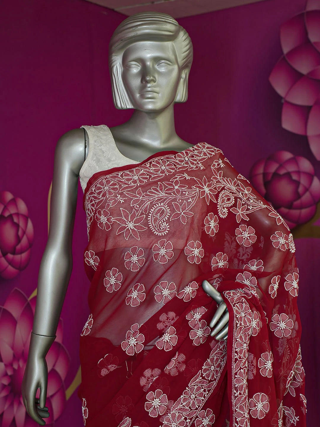 Ada Hand Embroidered Maroon Georgette Lucknowi Chikankari Saree With Blouse 01A522295