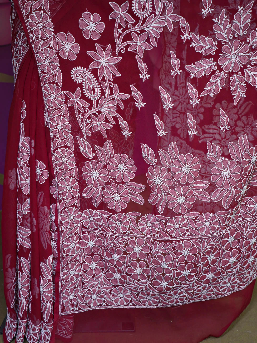 Ada Hand Embroidered Maroon Georgette Lucknowi Chikankari Saree With Blouse 01A522295