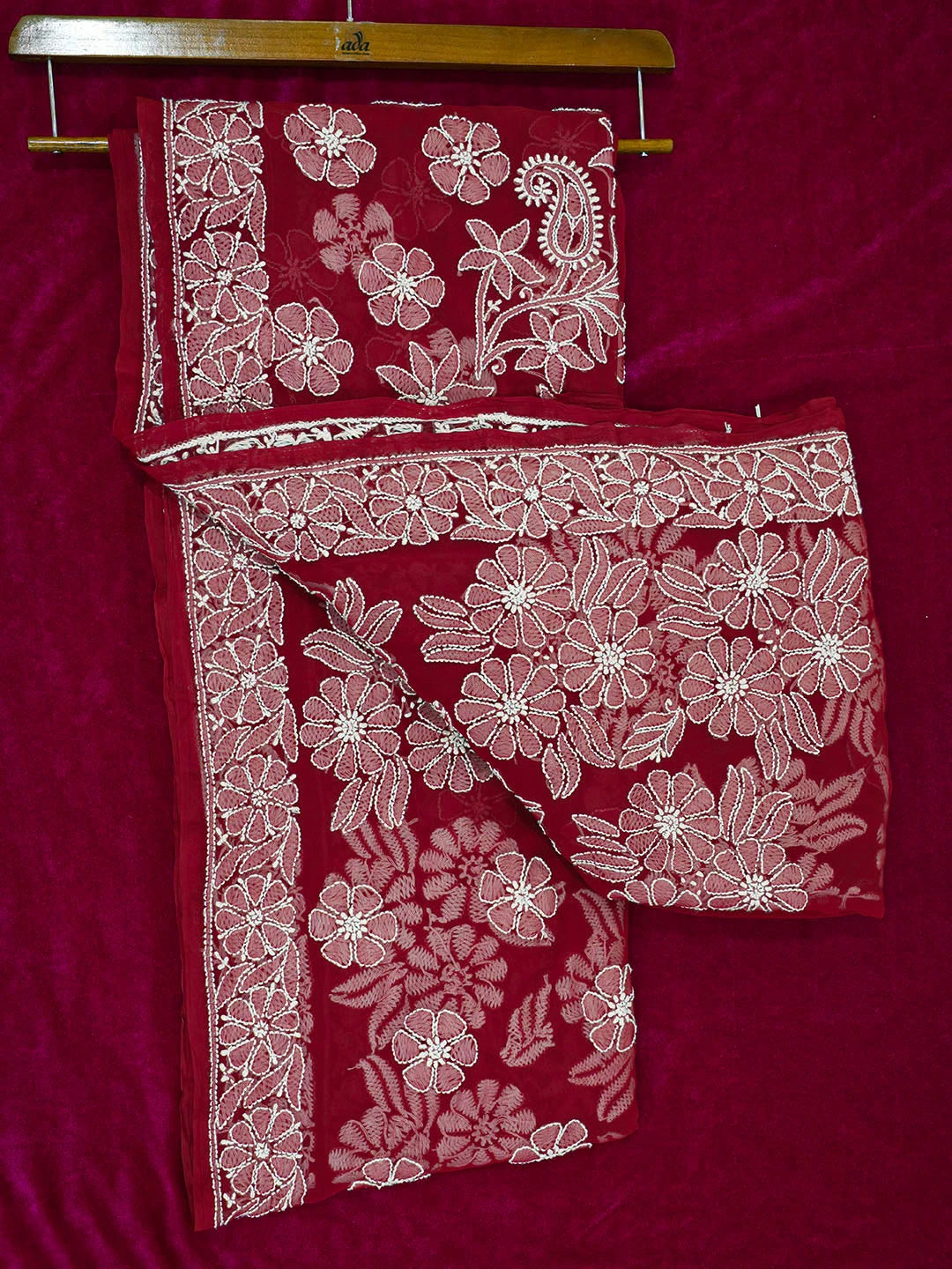 Ada Hand Embroidered Maroon Georgette Lucknowi Chikankari Saree With Blouse 01A522295