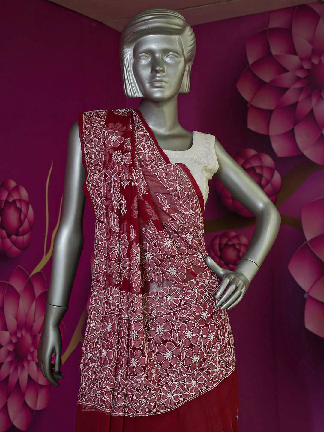 Ada Hand Embroidered Maroon Georgette Lucknowi Chikankari Saree With Blouse 01A522295