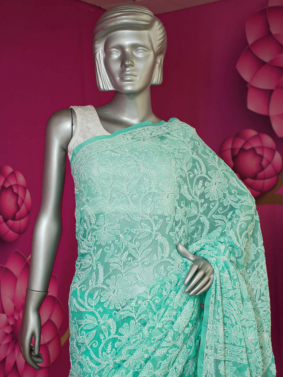 Ada Hand Embroidered Sea Green Faux Georgette Lucknowi Chikankari Saree With Blouse 01A580222