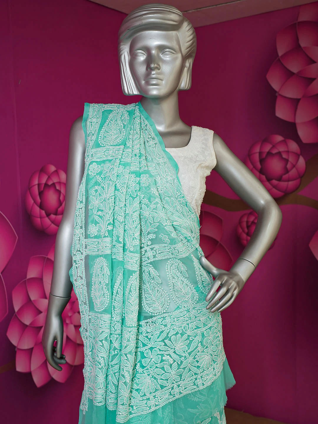 Ada Hand Embroidered Sea Green Faux Georgette Lucknowi Chikankari Saree With Blouse 01A580222