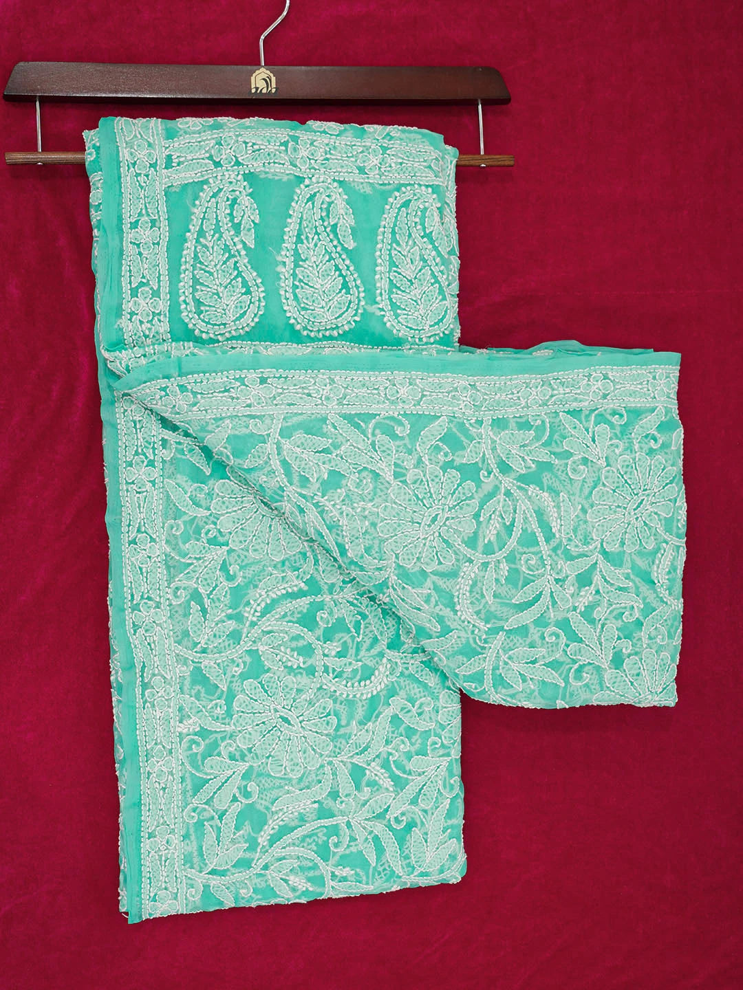 Ada Hand Embroidered Sea Green Faux Georgette Lucknowi Chikankari Saree With Blouse 01A580222