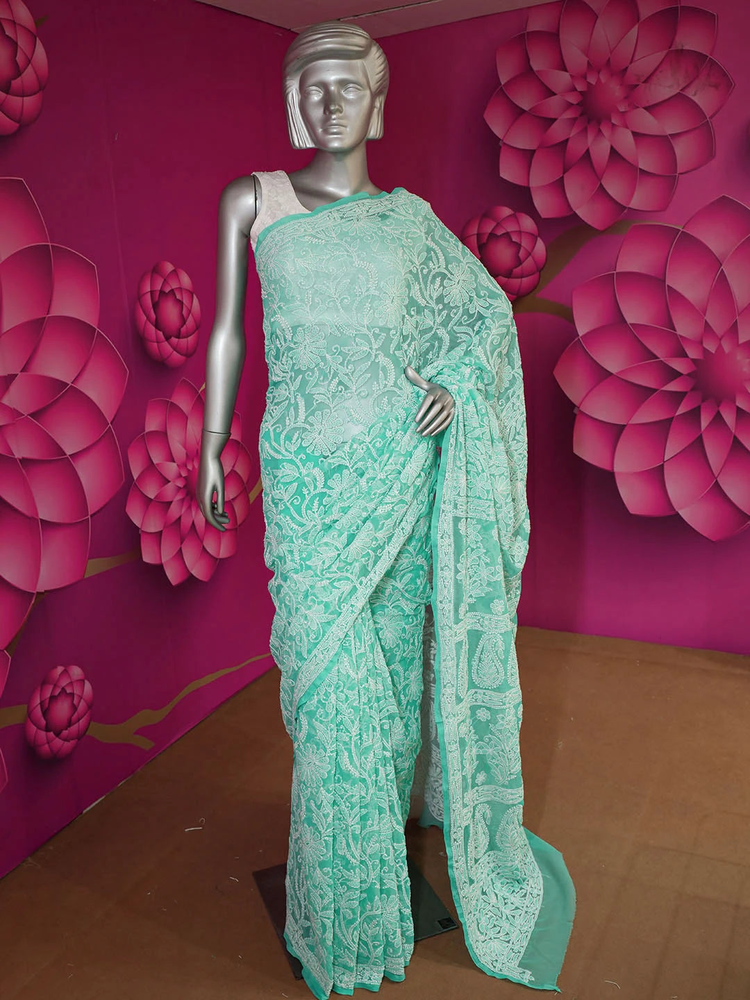 Ada Hand Embroidered Sea Green Faux Georgette Lucknowi Chikankari Saree With Blouse 01A580222