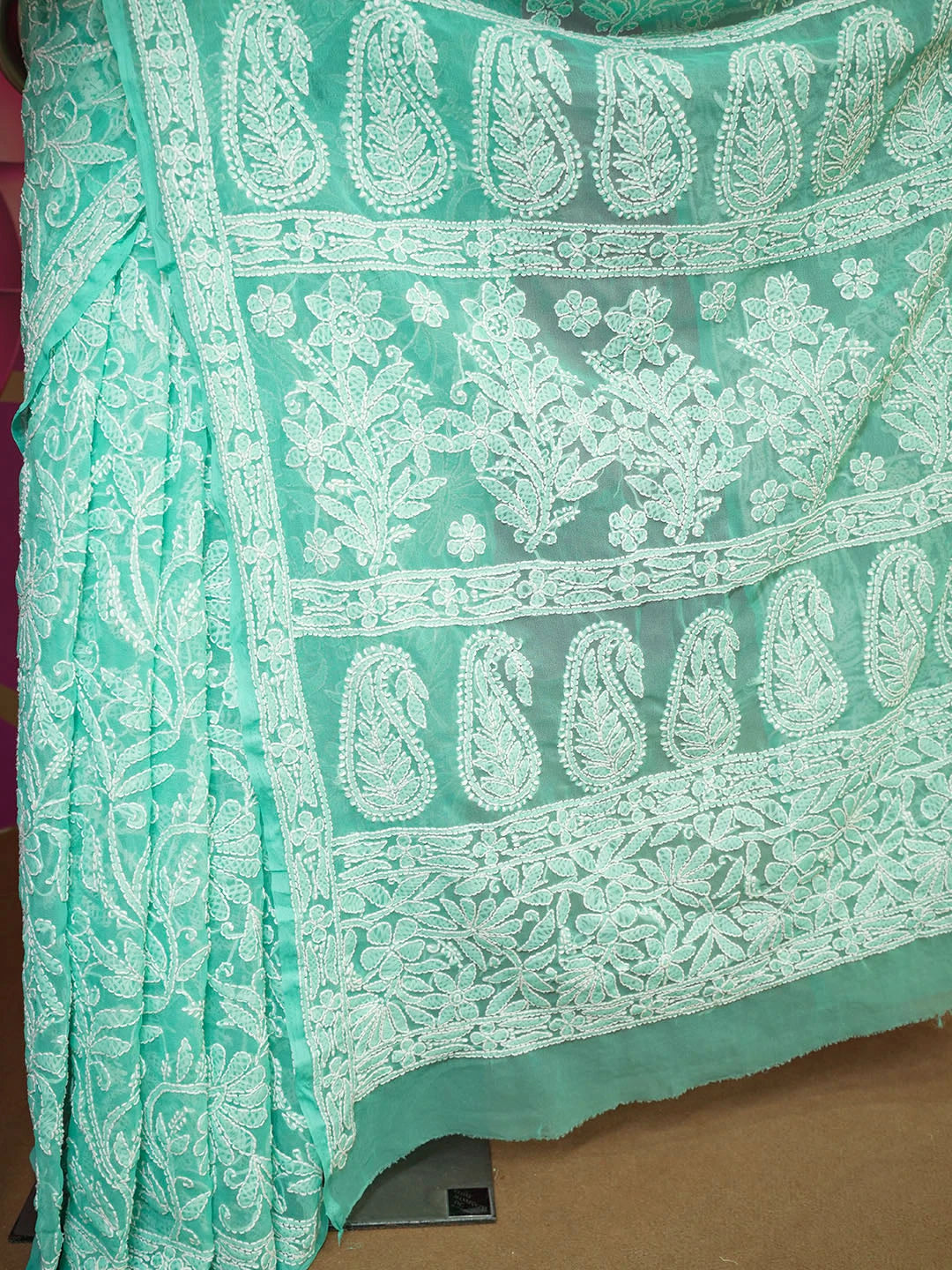 Ada Hand Embroidered Sea Green Faux Georgette Lucknowi Chikankari Saree With Blouse 01A580222