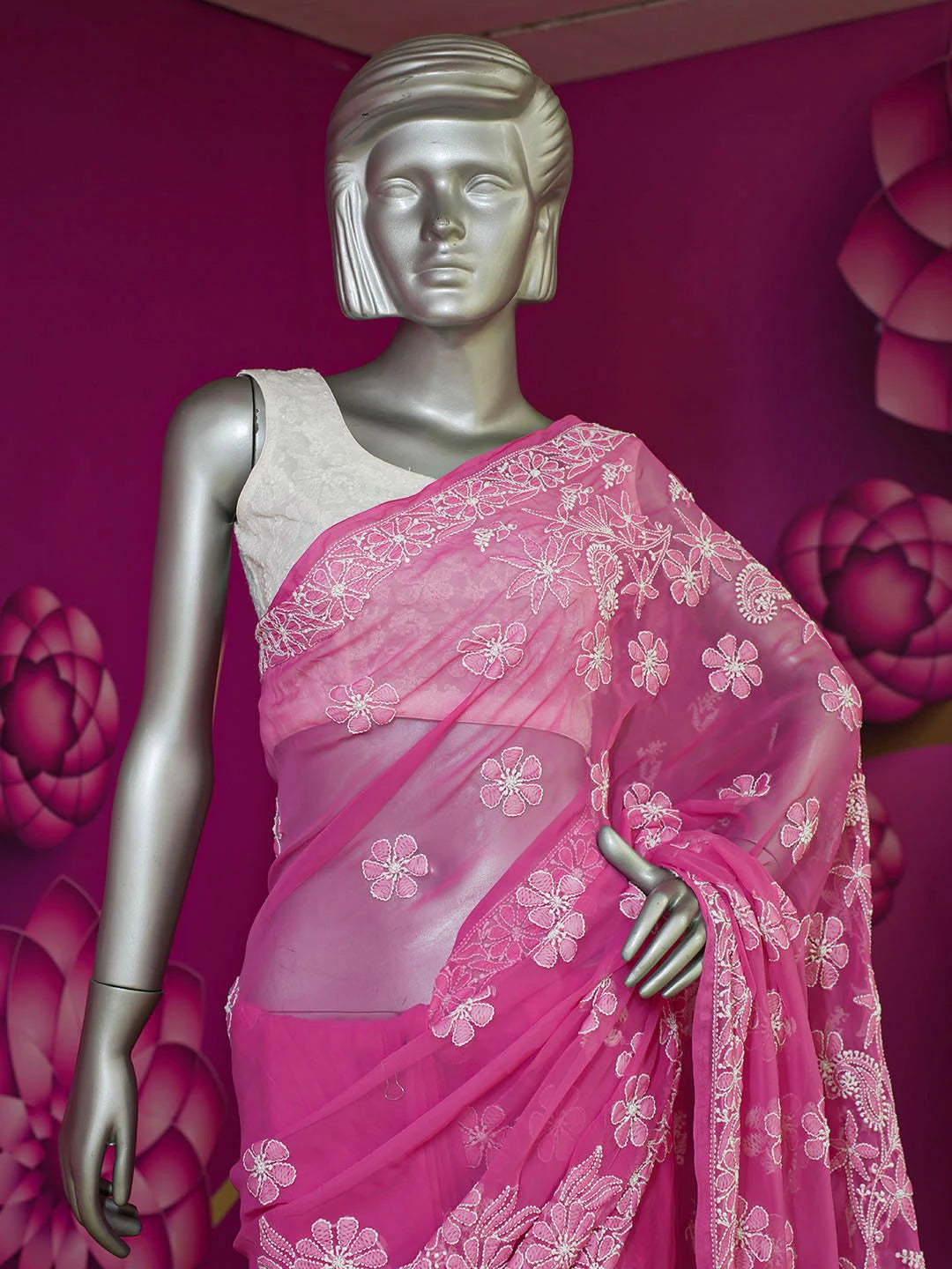 Ada Hand Embroidered French Rose Pink Georgette Lucknowi Chikankari Saree With Blouse 01A554152