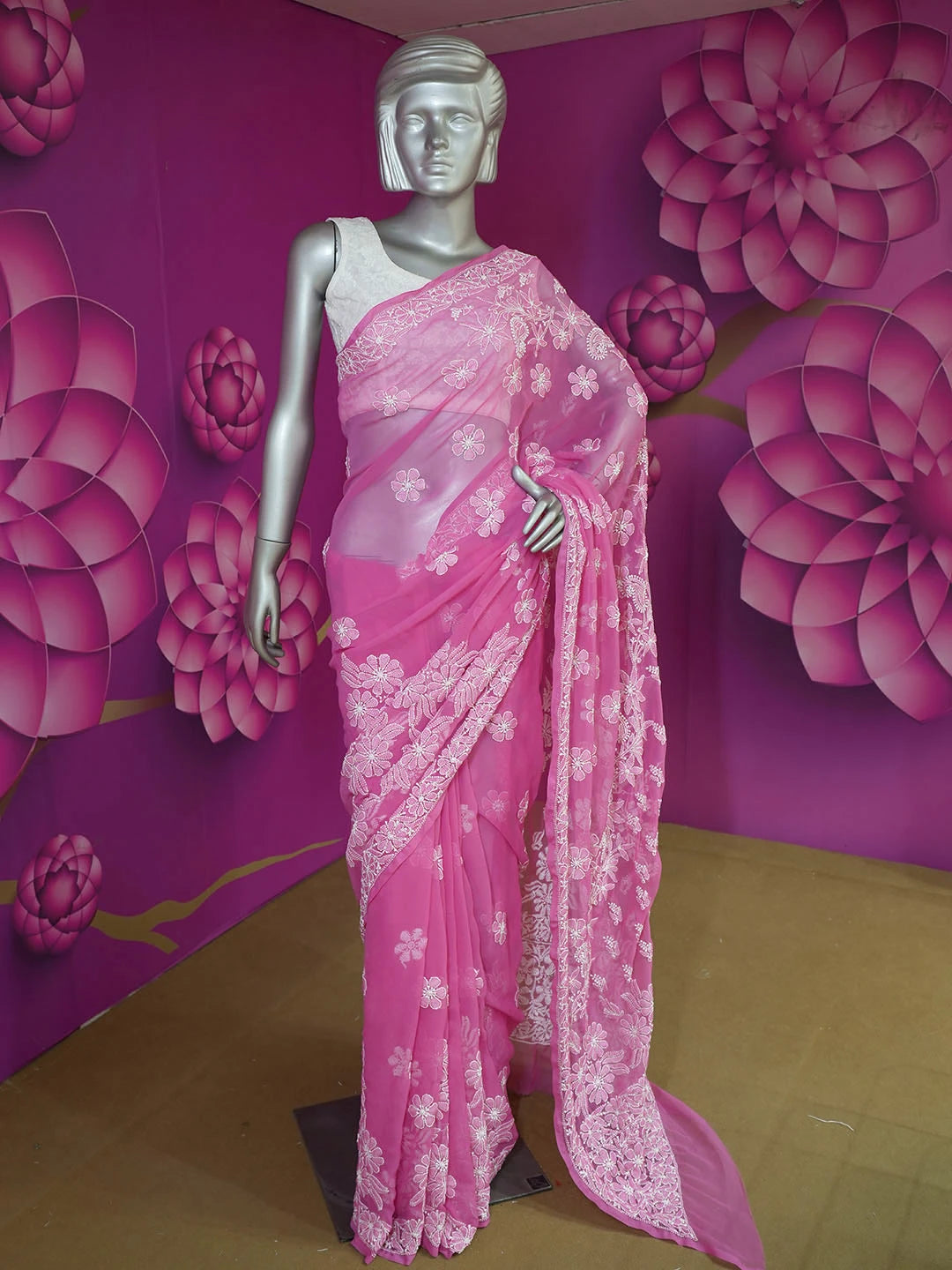 Ada Hand Embroidered French Rose Pink Georgette Lucknowi Chikankari Saree With Blouse 01A554152