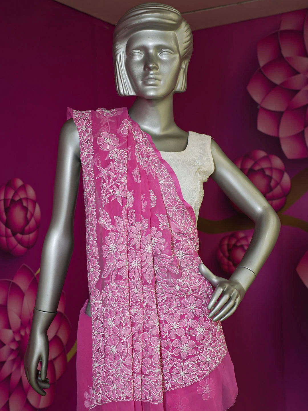 Ada Hand Embroidered French Rose Pink Georgette Lucknowi Chikankari Saree With Blouse 01A554152