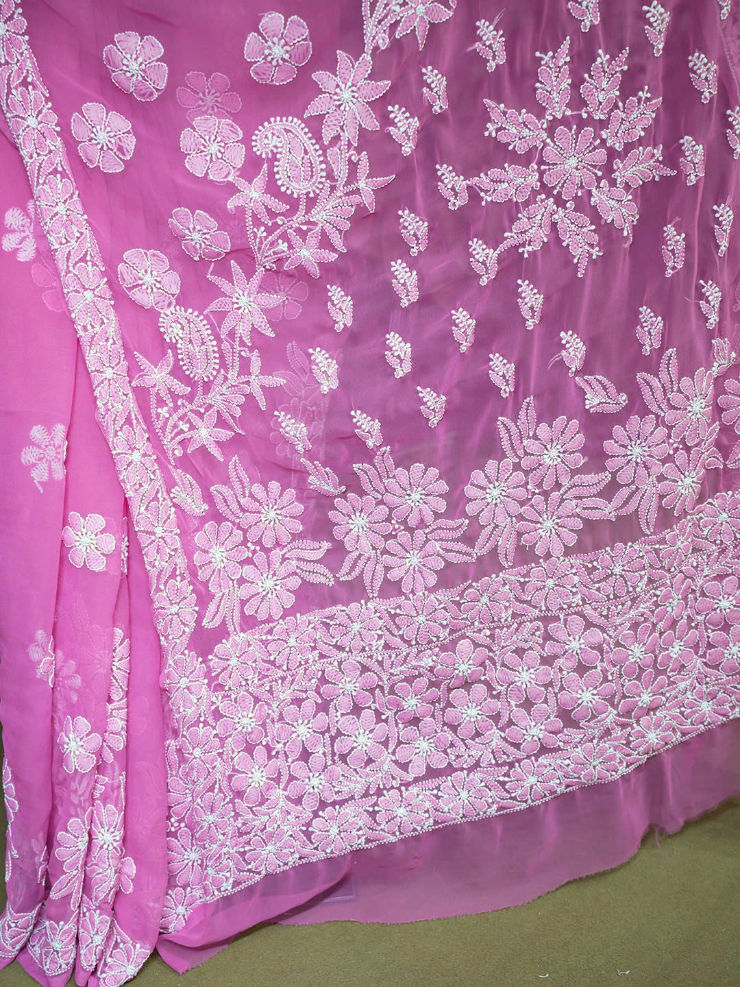 Ada Hand Embroidered French Rose Pink Georgette Lucknowi Chikankari Saree With Blouse 01A554152