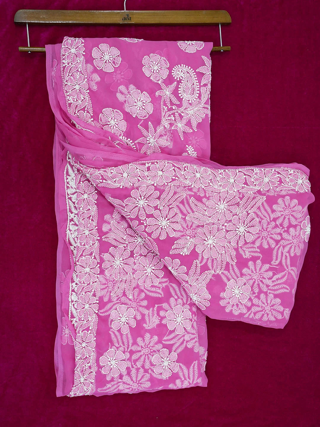 Ada Hand Embroidered French Rose Pink Georgette Lucknowi Chikankari Saree With Blouse 01A554152