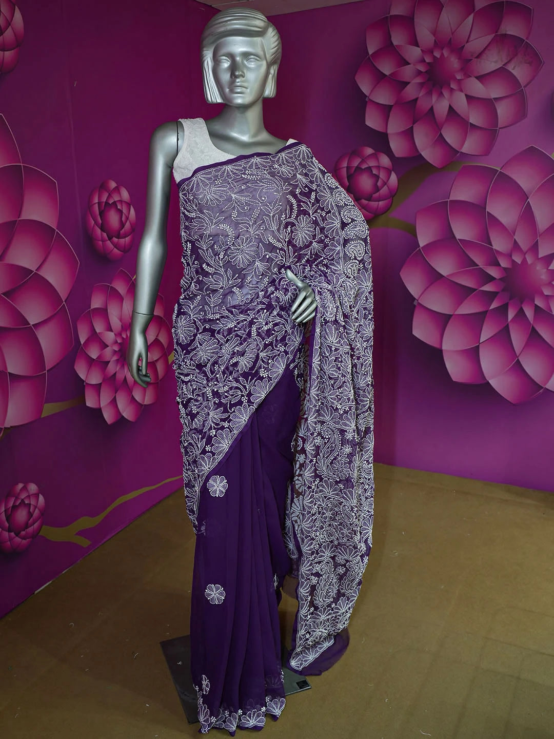 Ada Hand Embroidered Purple Faux Georgette Lucknowi Chikankari Saree With Blouse 01A583335