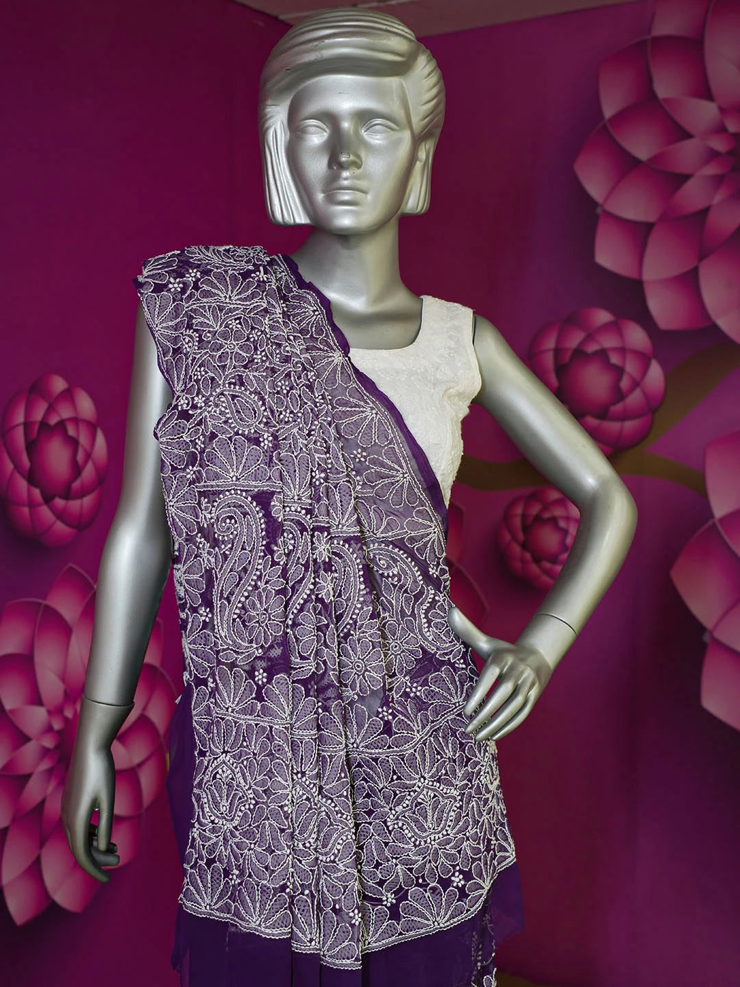 Ada Hand Embroidered Purple Faux Georgette Lucknowi Chikankari Saree With Blouse 01A583335