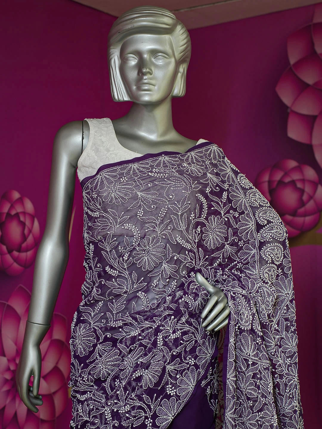 Ada Hand Embroidered Purple Faux Georgette Lucknowi Chikankari Saree With Blouse 01A583335