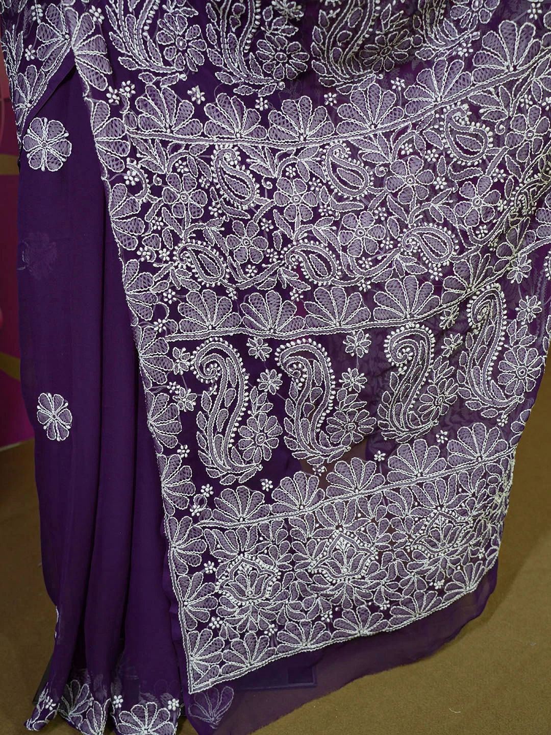 Ada Hand Embroidered Purple Faux Georgette Lucknowi Chikankari Saree With Blouse 01A583335