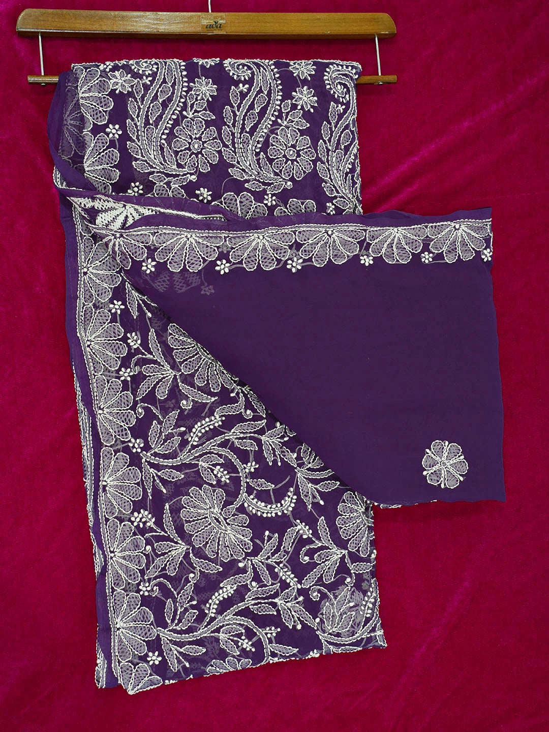 Ada Hand Embroidered Purple Faux Georgette Lucknowi Chikankari Saree With Blouse 01A583335