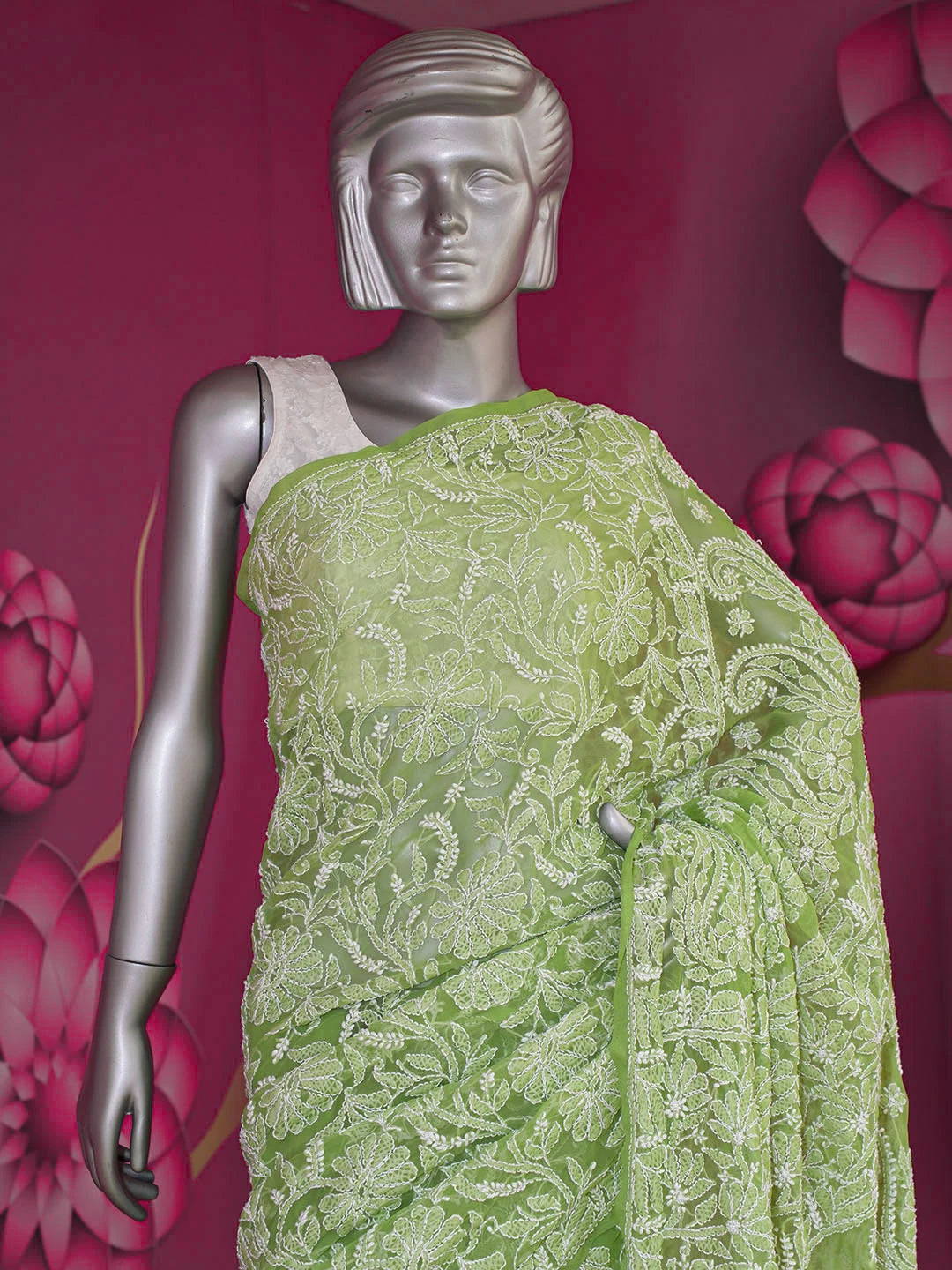 Ada Hand Embroidered Green Faux Georgette Lucknowi Chikankari Saree With Blouse 01A532958