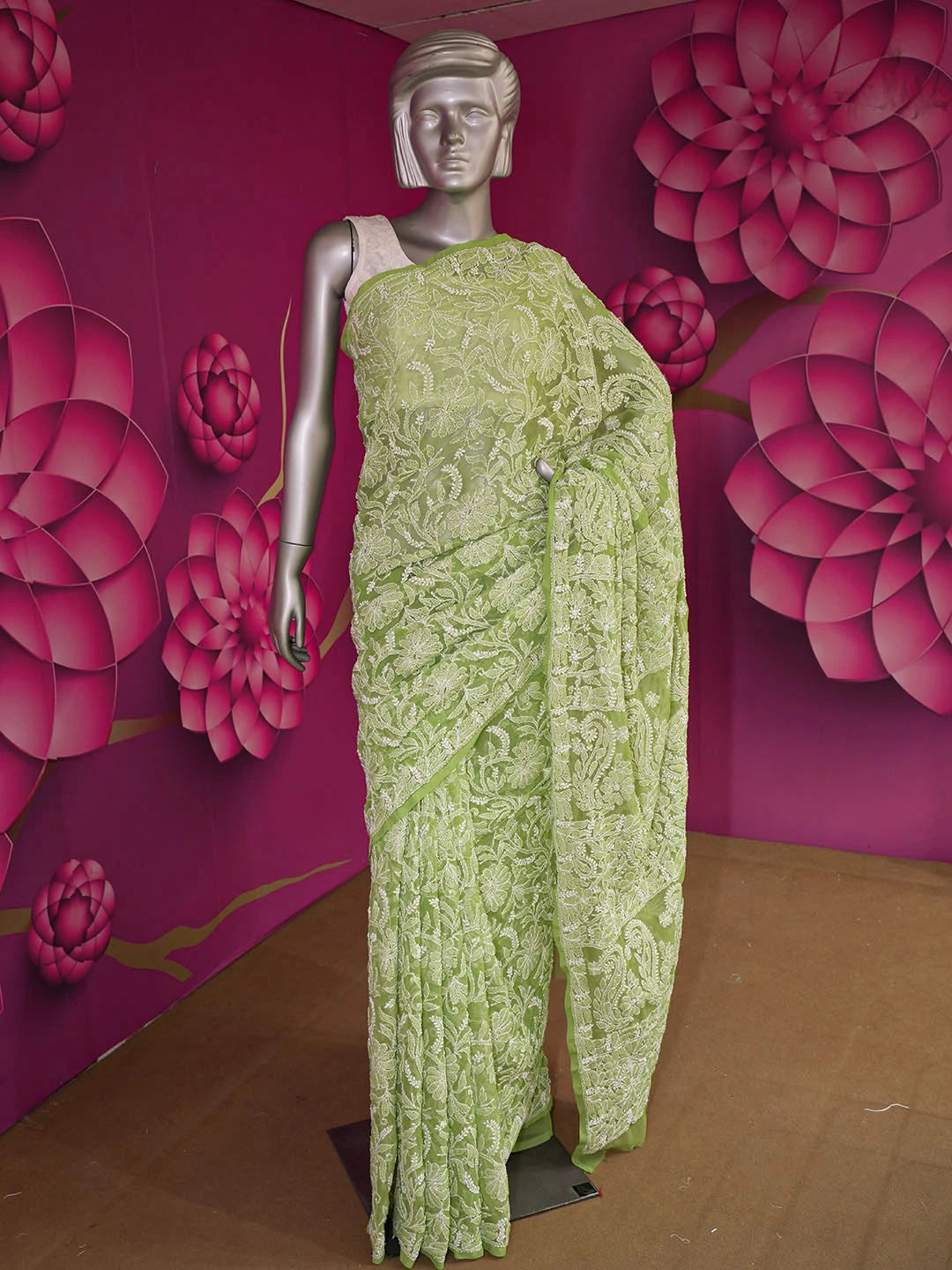 Ada Hand Embroidered Green Faux Georgette Lucknowi Chikankari Saree With Blouse 01A532958