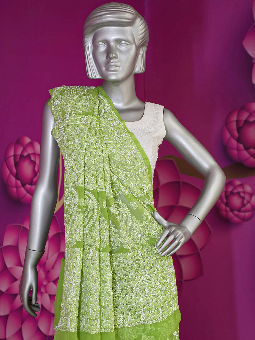 Ada Hand Embroidered Green Faux Georgette Lucknowi Chikankari Saree With Blouse 01A532958