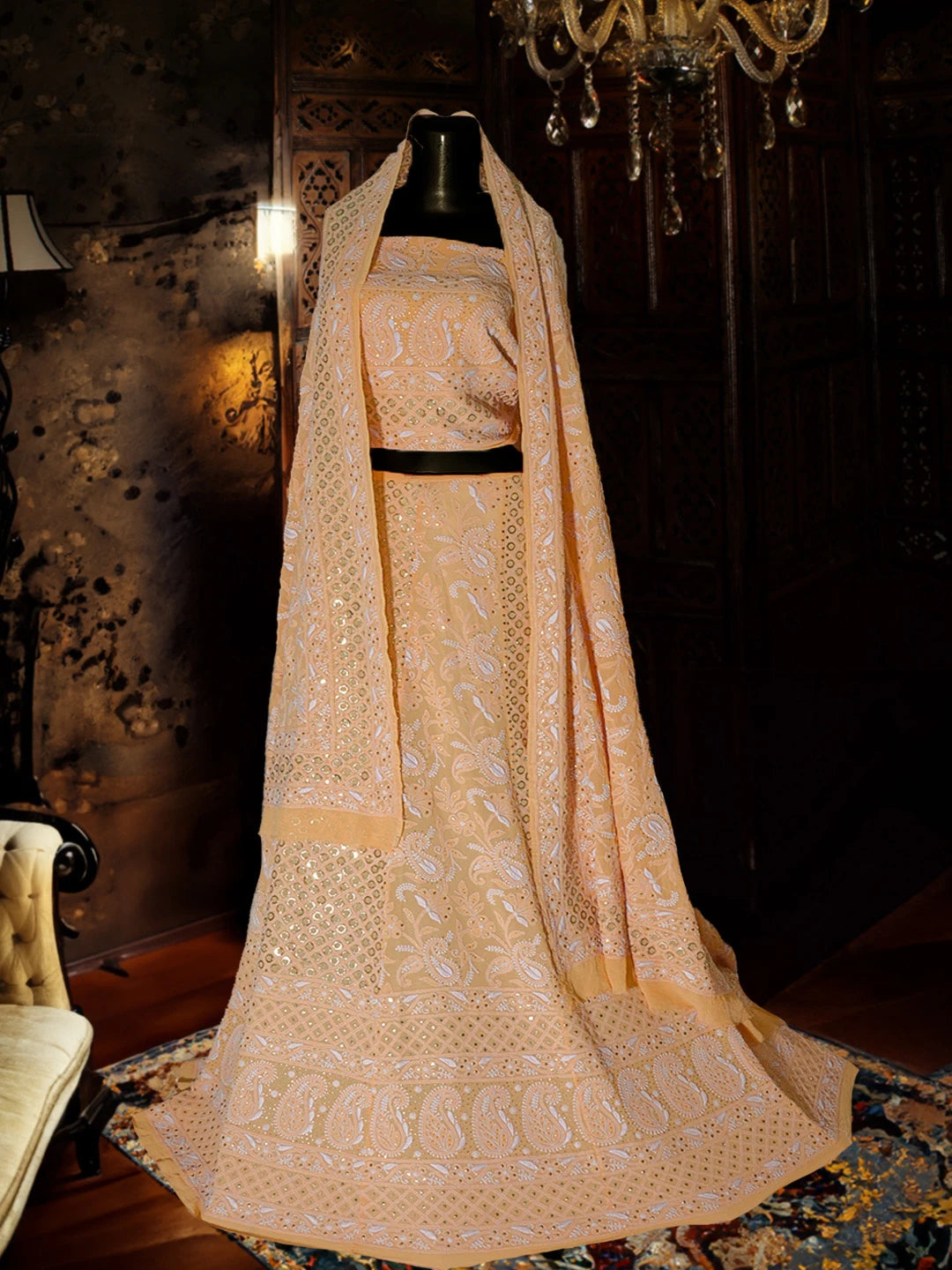 Ada Hand Embroidered Creamy Peach Pure Georgette Lucknowi Chikankari Lehenga Set With Muqaish Work 01A62785