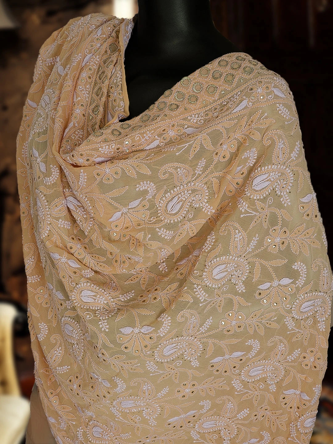 Ada Hand Embroidered Creamy Peach Pure Georgette Lucknowi Chikankari Lehenga Set With Muqaish Work 01A62785